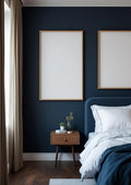 Bedroom Navy Room Scene Mockup — Raw Pine Frame Portrait 2:3 — Perspective View — #04344 | MockupBulk
