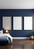 Bedroom Navy Interior Frame Mockup — Raw Pine Frame Portrait 2:3 — Perspective View — #04347 | MockupBulk