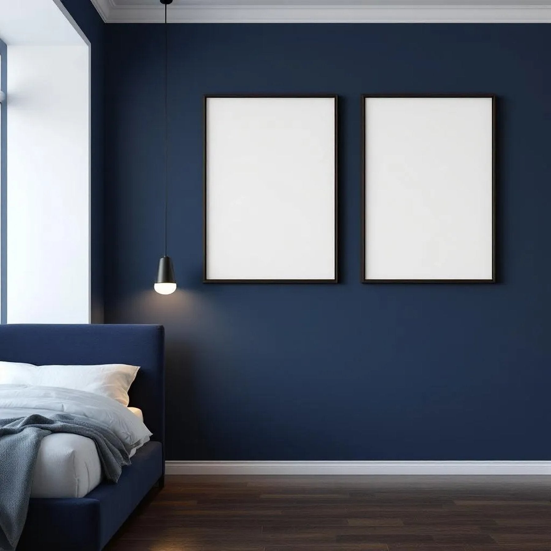 Bedroom Navy Wall Art Mockup — Plain Square Frame Portrait 2:3 — Perspective View — #04348 | MockupBulk