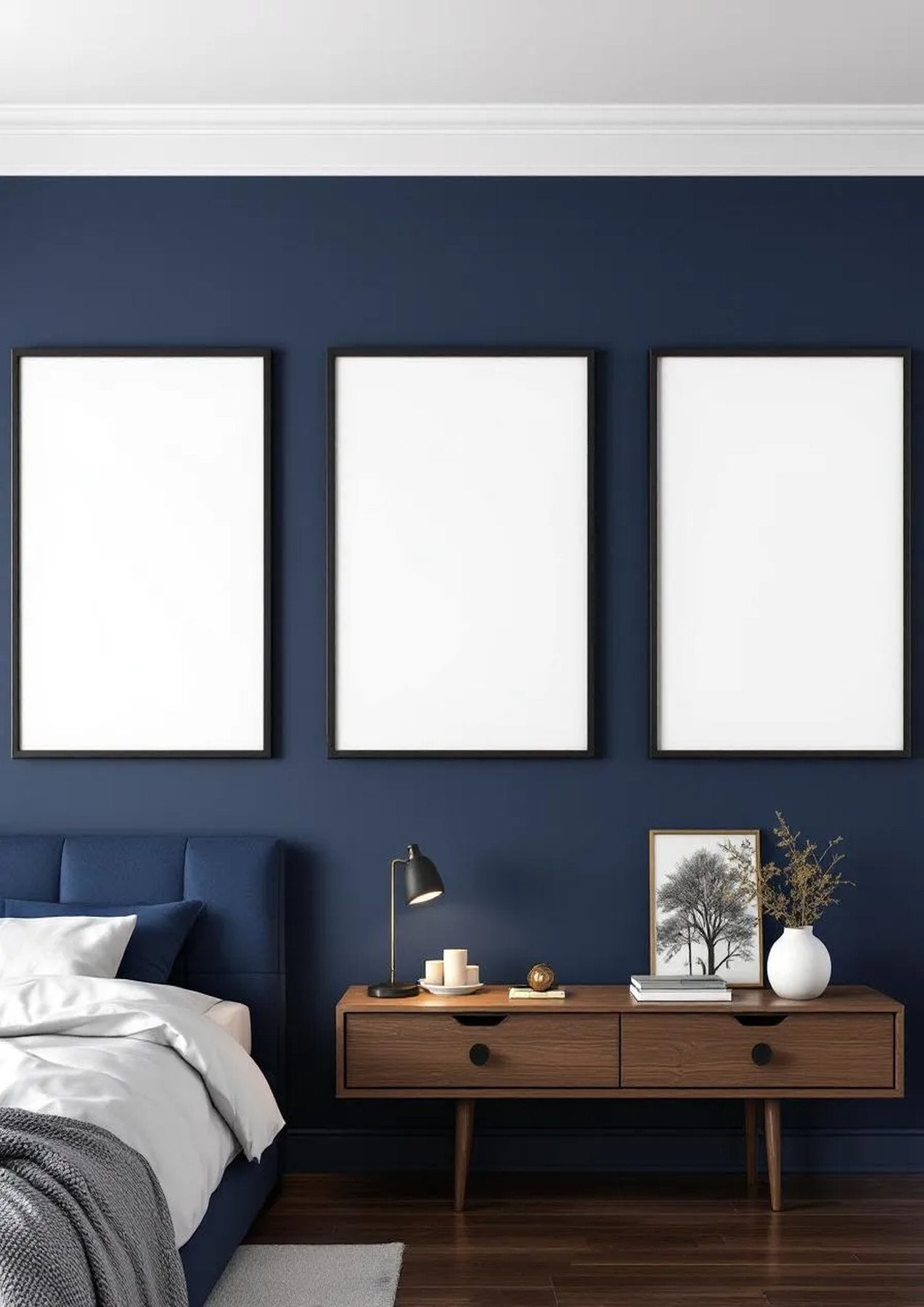 Bedroom Navy Interior Frame Mockup — Espresso Frame Portrait 2:3 — Perspective View — #04350 | MockupBulk