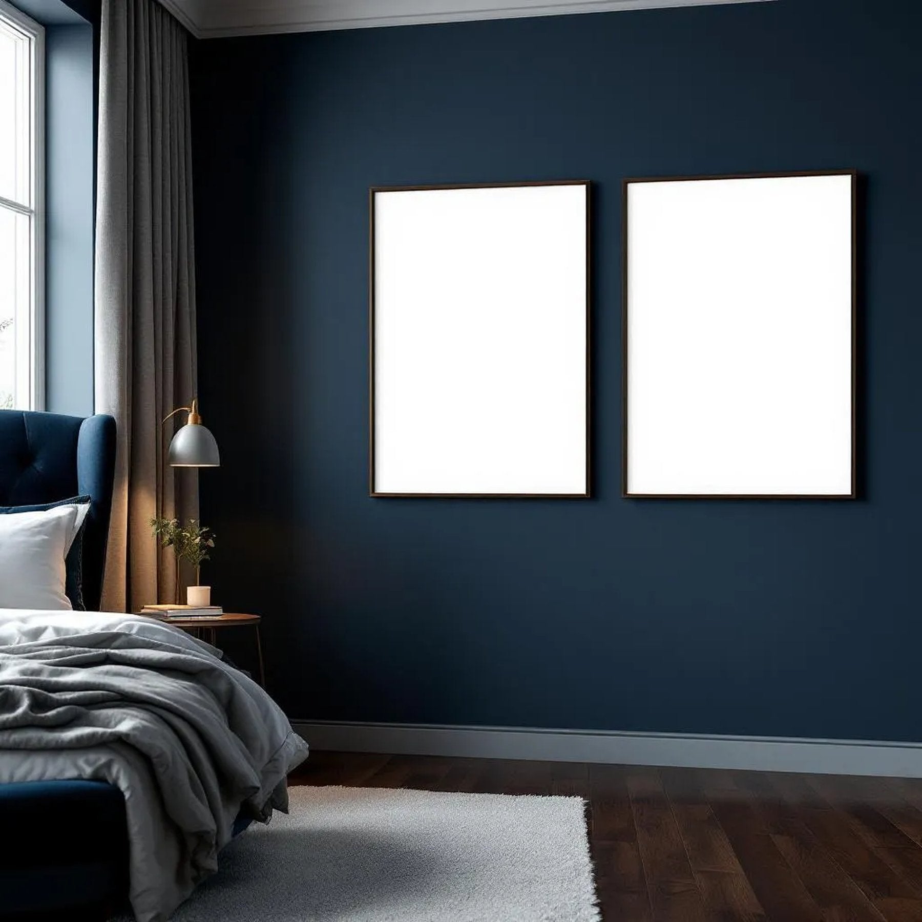 Bedroom Navy Styled Room Mockup — Plain Square Frame A-Series (A4 / A3) — Perspective View — #04351 | MockupBulk