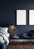 Bedroom Navy Wall Art Mockup — Espresso Frame Portrait 2:3 — Perspective View — #04353 | MockupBulk