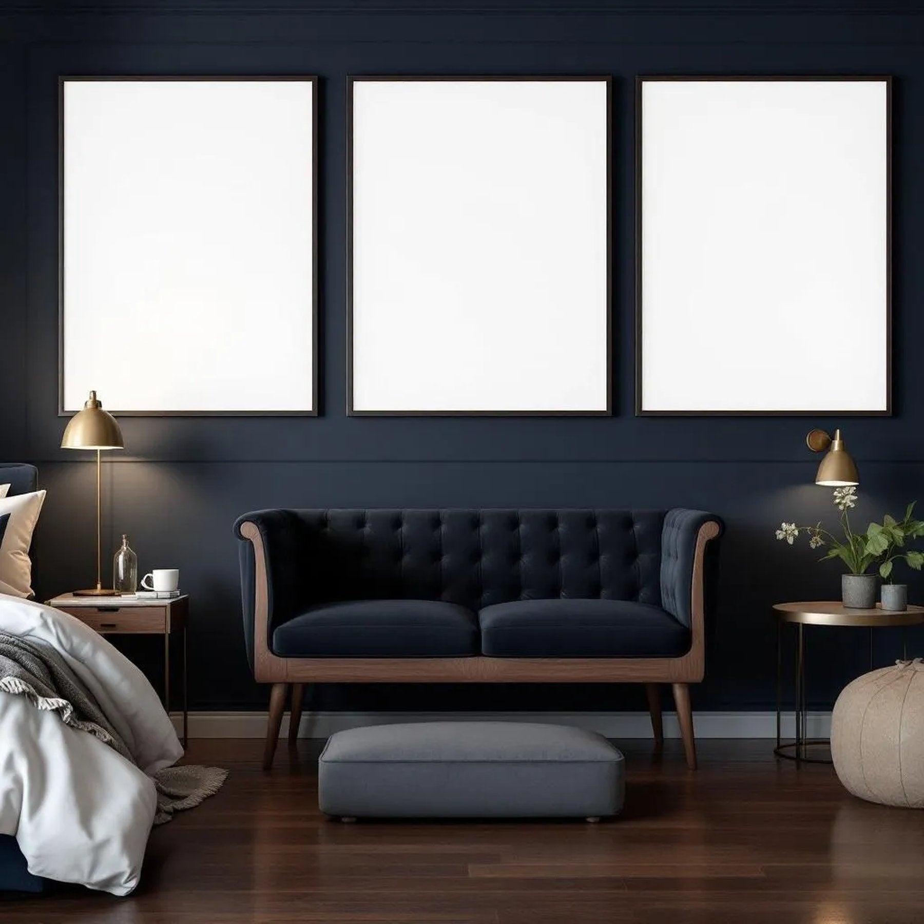 Bedroom Navy Frame Display Mockup — Plain Square Frame Landscape 11x14 — Perspective View — #04354 | MockupBulk
