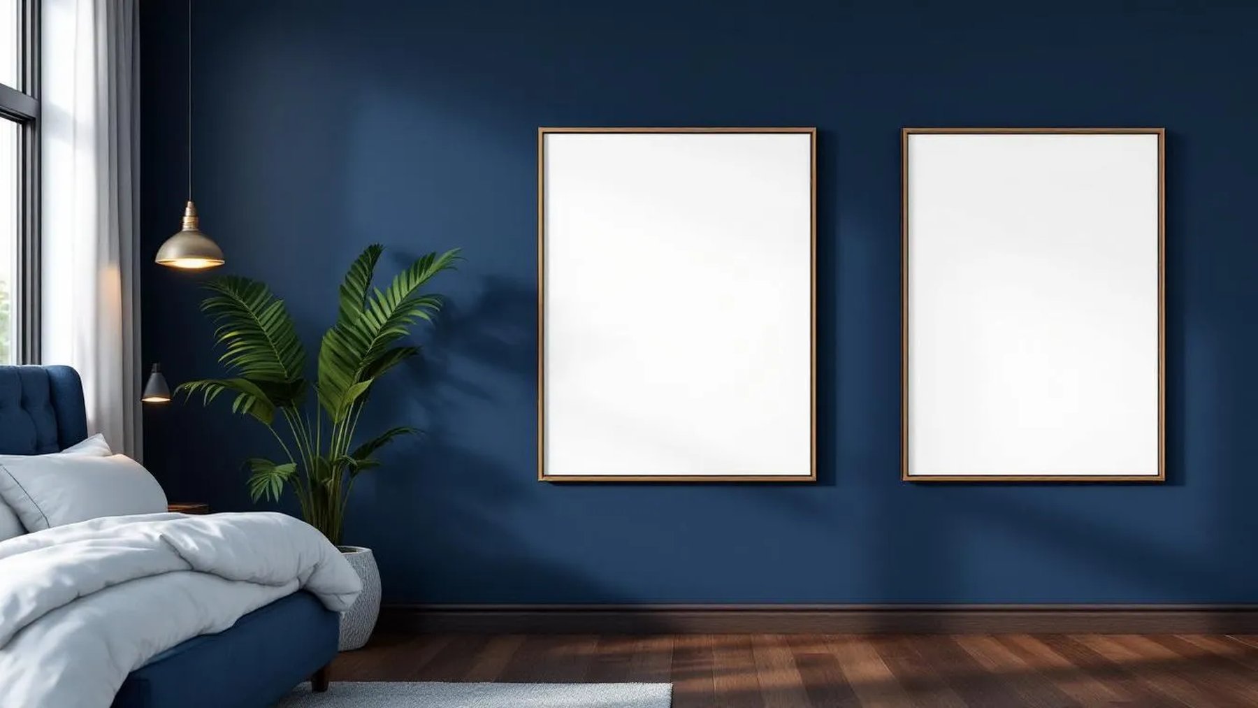 Bedroom Navy Interior Frame Mockup — Espresso Frame Landscape 11x14 — Perspective View — #04355 | MockupBulk