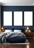 Bedroom Navy Room Scene Mockup — Espresso Frame Portrait 2:3 — Perspective View — #04356 | MockupBulk