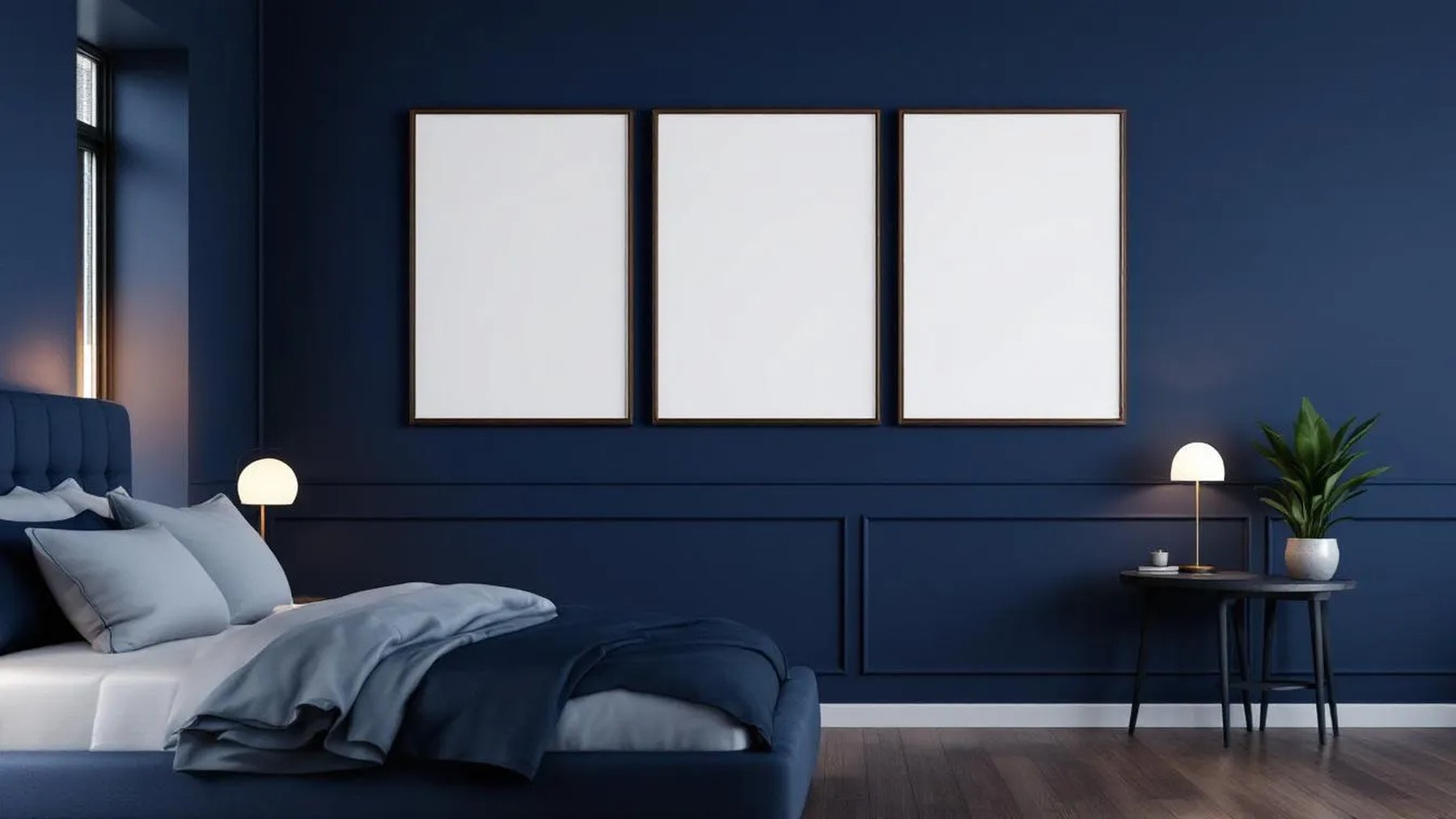 Bedroom Navy Editorial Room Mockup — Espresso Frame A-Series (A4 / A3) — Perspective View — #04358 | MockupBulk