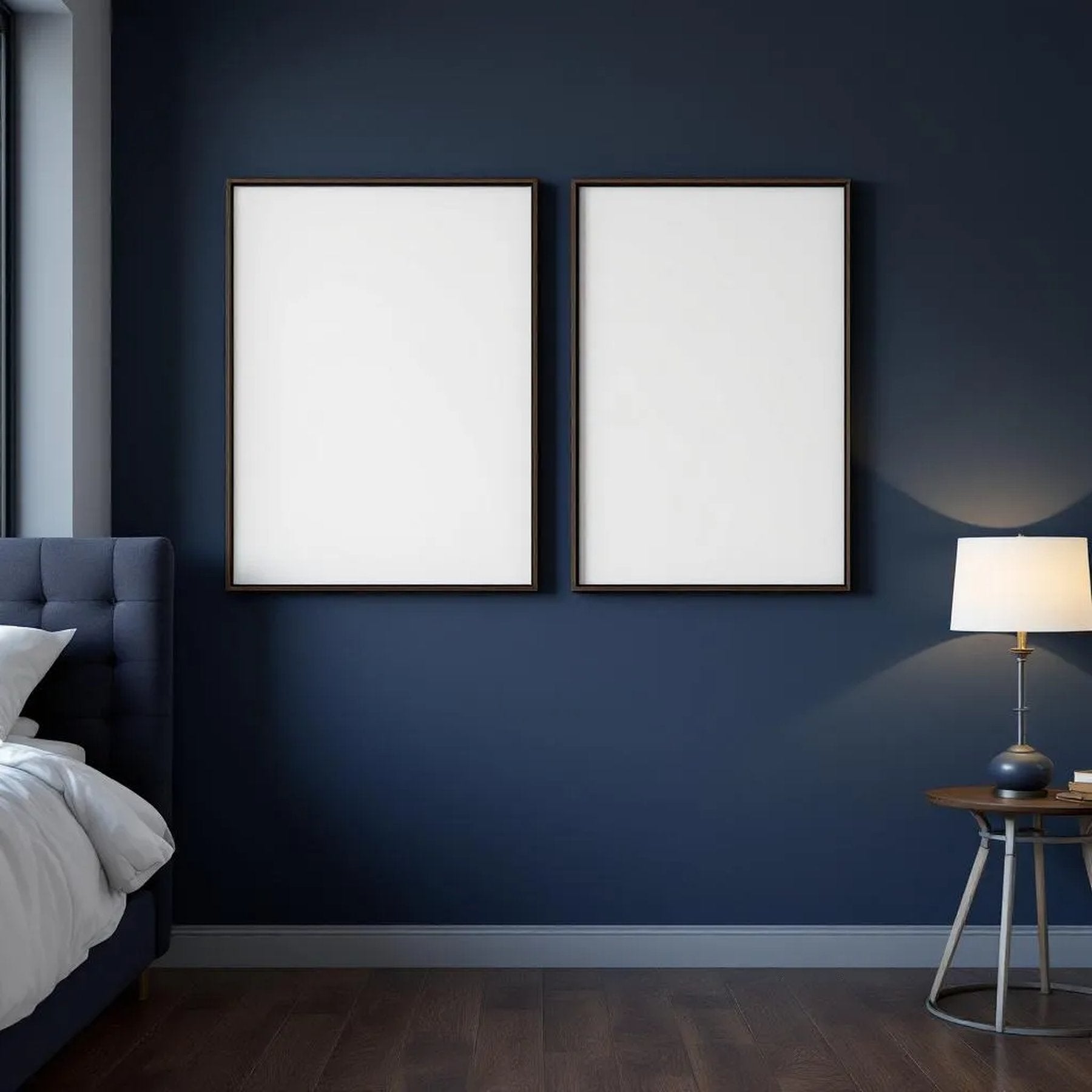 Bedroom Navy Lifestyle Frame Mockup — Plain Square Frame Landscape 3:4 — Perspective View — #04360 | MockupBulk