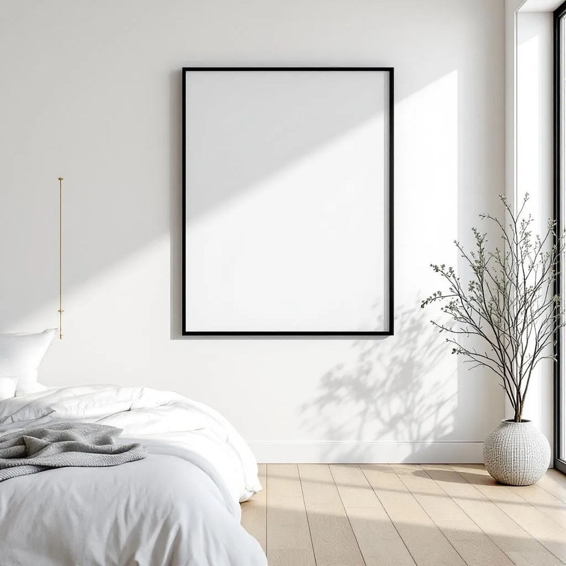 White Bedroom Editorial Room Mockup — Plain Square Frame Square 1:1 — Perspective View — #01972 | MockupBulk