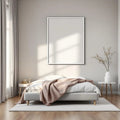 White Bedroom Lifestyle Frame Mockup — Plain Square Frame Portrait 2:3 — Perspective View — #01977 | MockupBulk