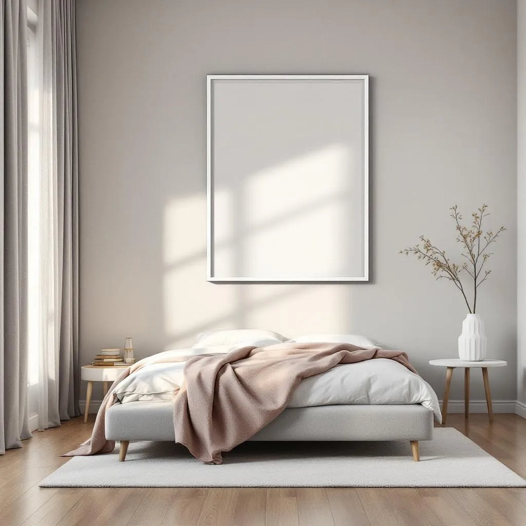 White Bedroom Lifestyle Frame Mockup — Plain Square Frame Portrait 2:3 — Perspective View — #01977 | MockupBulk