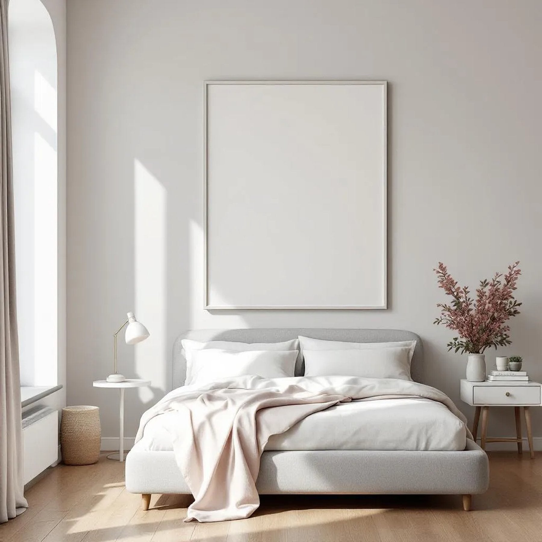 White Bedroom Editorial Room Mockup — Plain Square Frame Portrait 2:3 — Perspective View — #01980 | MockupBulk