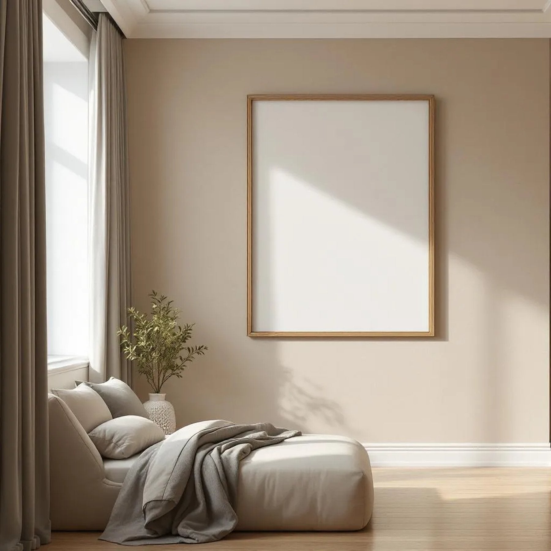White Bedroom Premium Interior Mockup — Plain Square Frame Portrait 2:3 — Perspective View — #01988 | MockupBulk