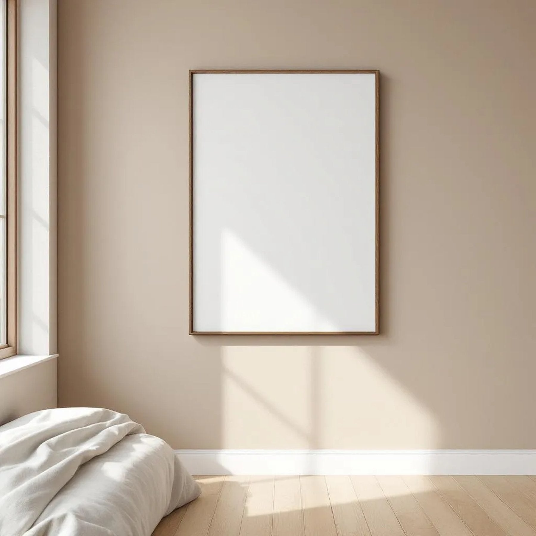 White Bedroom Lifestyle Frame Mockup — Plain Square Frame Portrait 2:3 — Perspective View — #01993 | MockupBulk