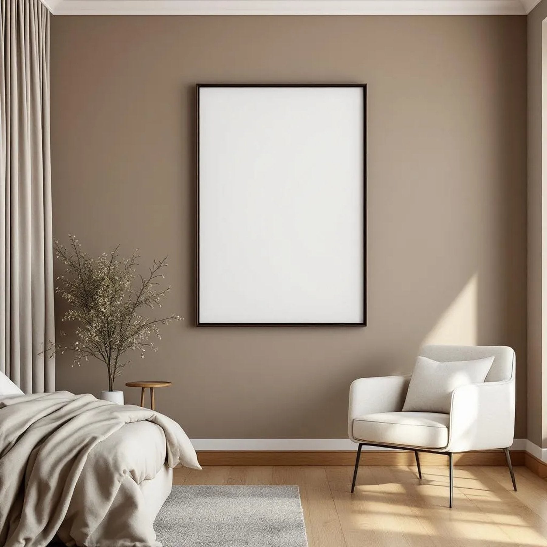 White Bedroom Premium Interior Mockup — Plain Square Frame Portrait 2:3 — Perspective View — #01996 | MockupBulk