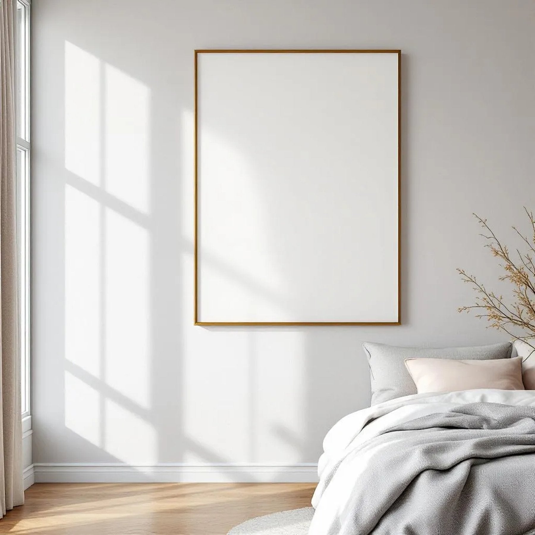 White Bedroom Lifestyle Frame Mockup — Plain Square Frame Portrait 2:3 — Perspective View — #02004 | MockupBulk
