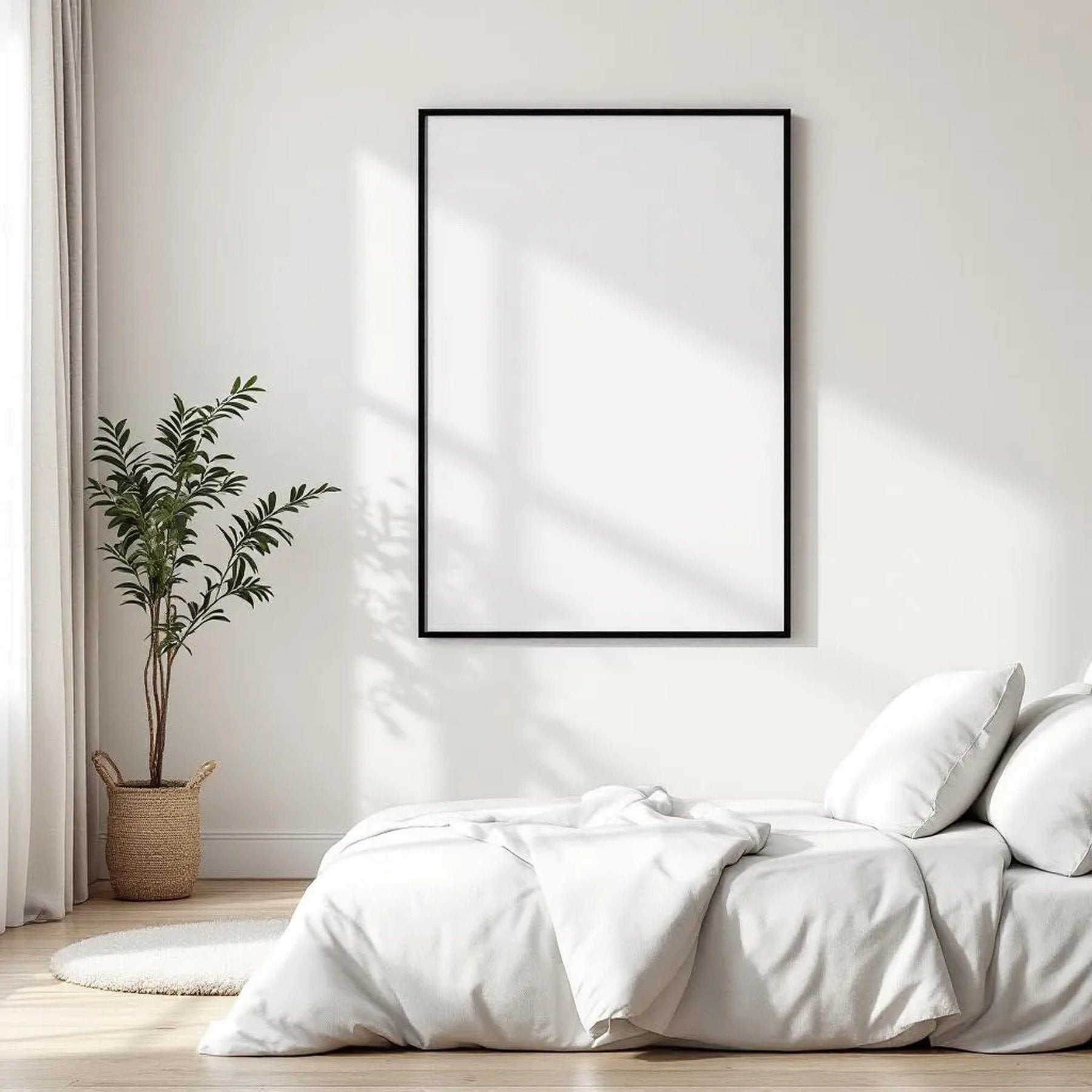 White Bedroom Editorial Room Mockup — Plain Square Frame Square 1:1 — Perspective View — #03361 | MockupBulk
