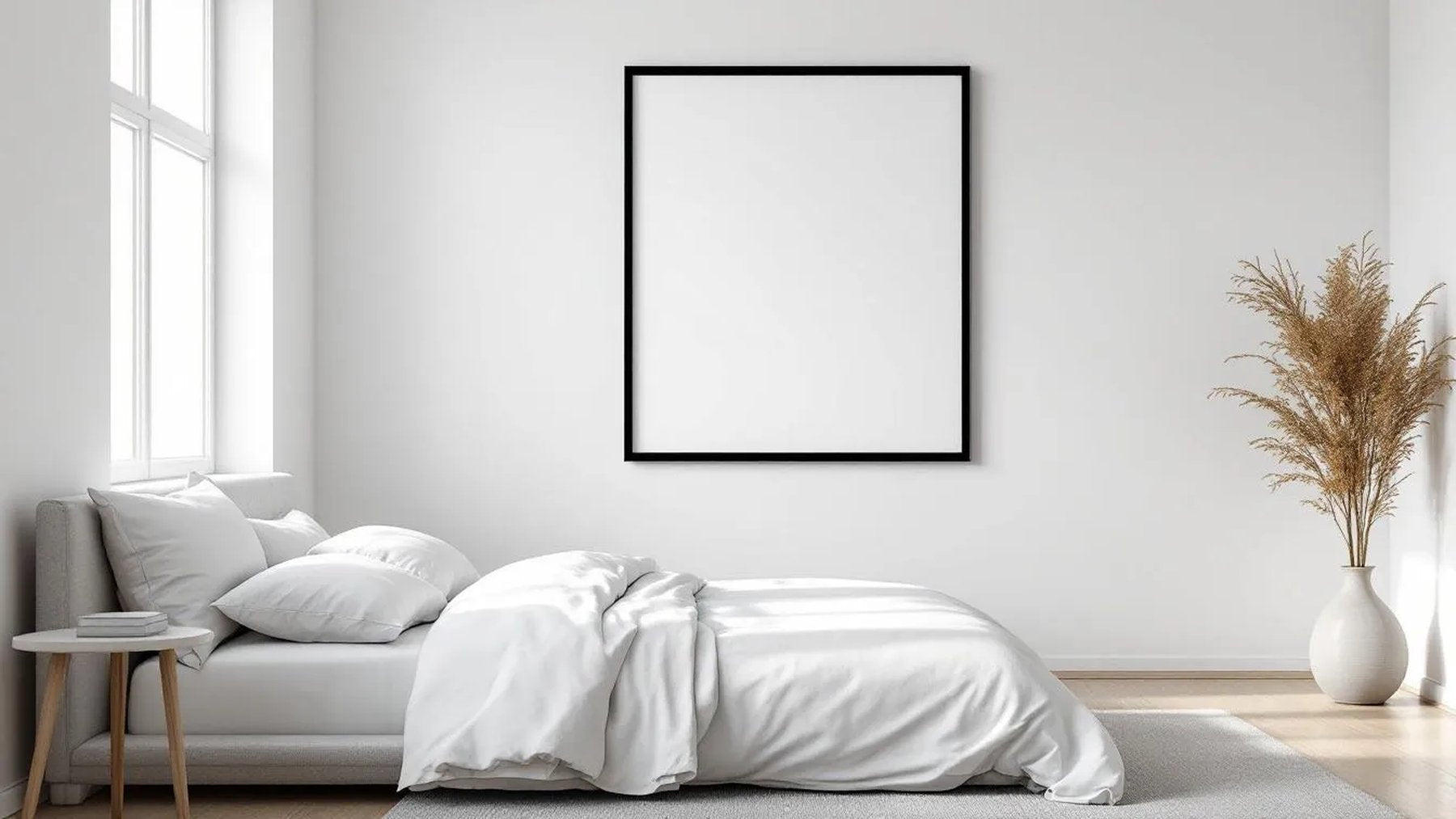 White Bedroom Frame Display Mockup — Matte Black Frame Square 1:1 — Perspective View — #03362 | MockupBulk