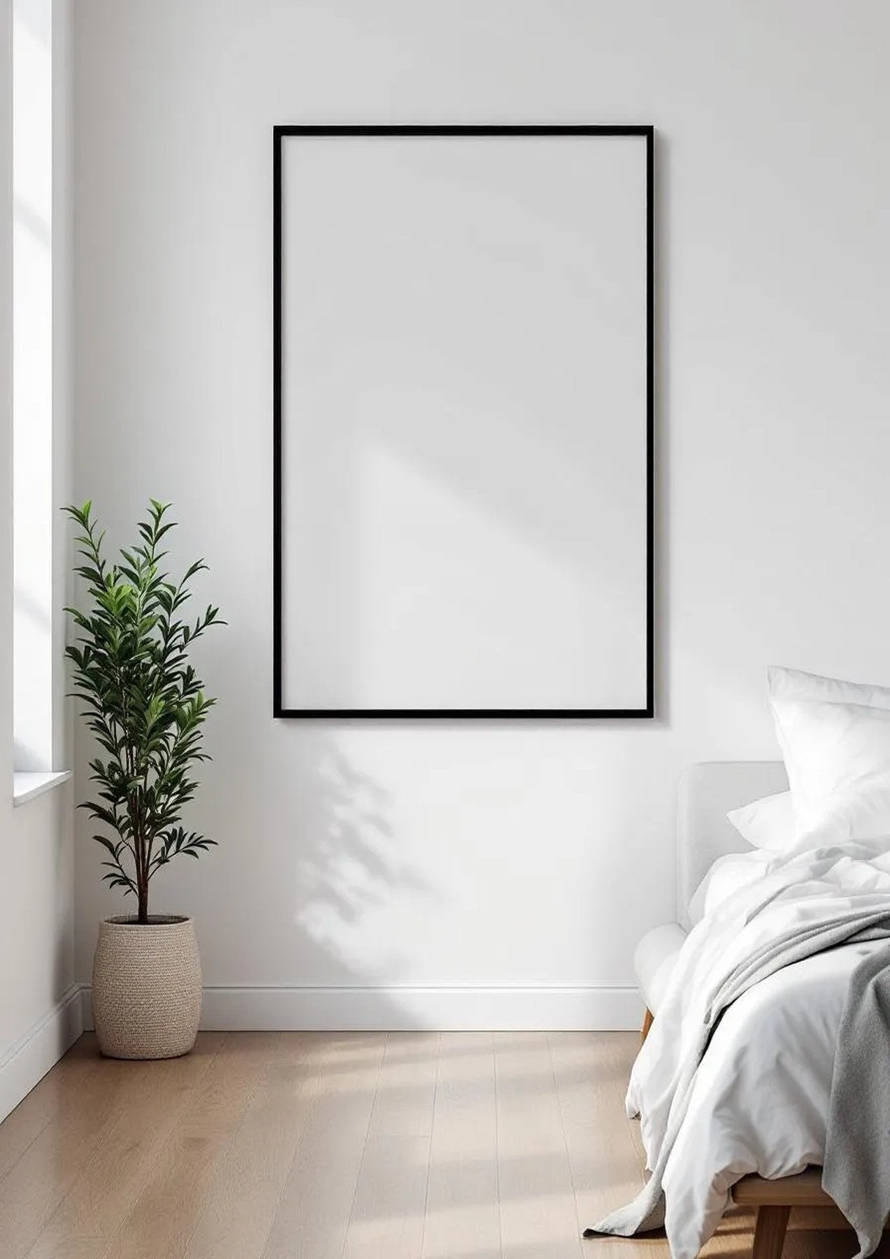 White Bedroom Professional Frame Mockup — Matte Black Frame Square 1:1 — Perspective View — #03363 | MockupBulk
