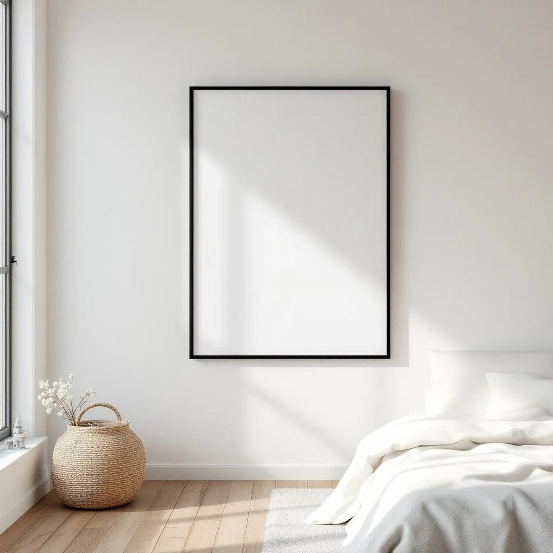 White Bedroom Interior Frame Mockup — Plain Square Frame Square 1:1 — Perspective View — #03364 | MockupBulk