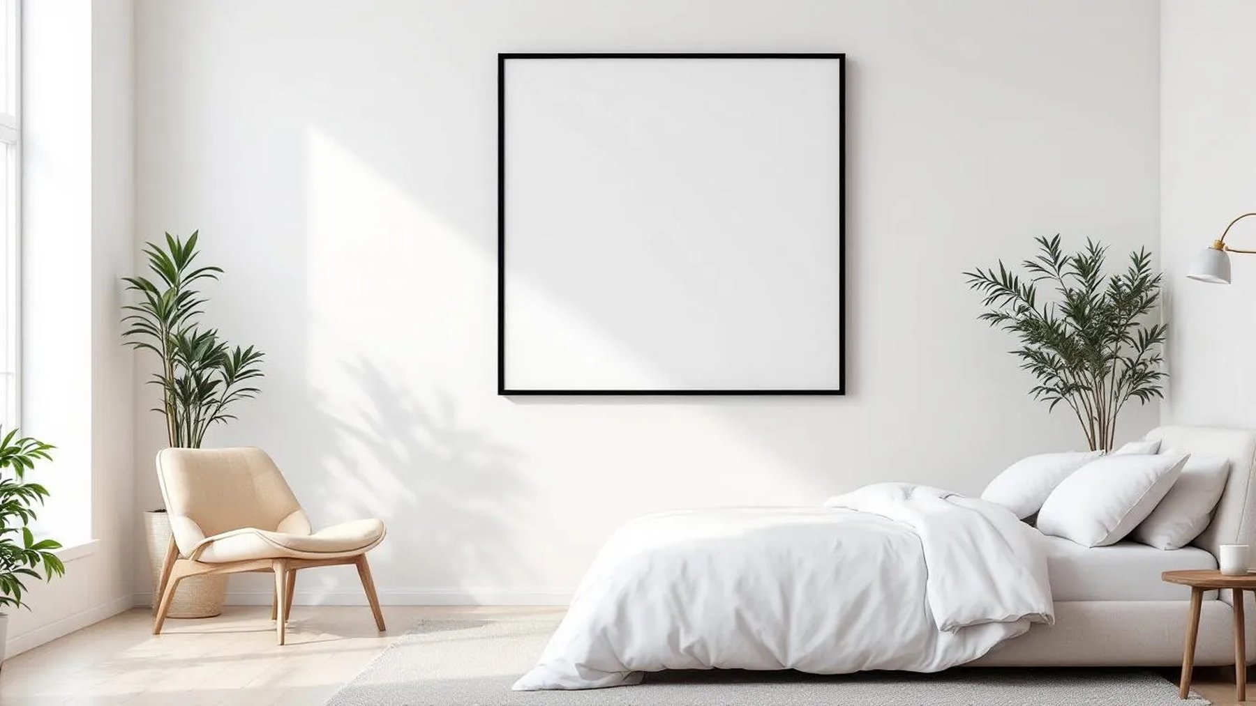 White Bedroom Lifestyle Frame Mockup — Matte Black Frame Square 1:1 — Perspective View — #03365 | MockupBulk