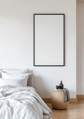White Bedroom Room Scene Mockup — Matte Black Frame Portrait 2:3 — Perspective View — #03366 | MockupBulk