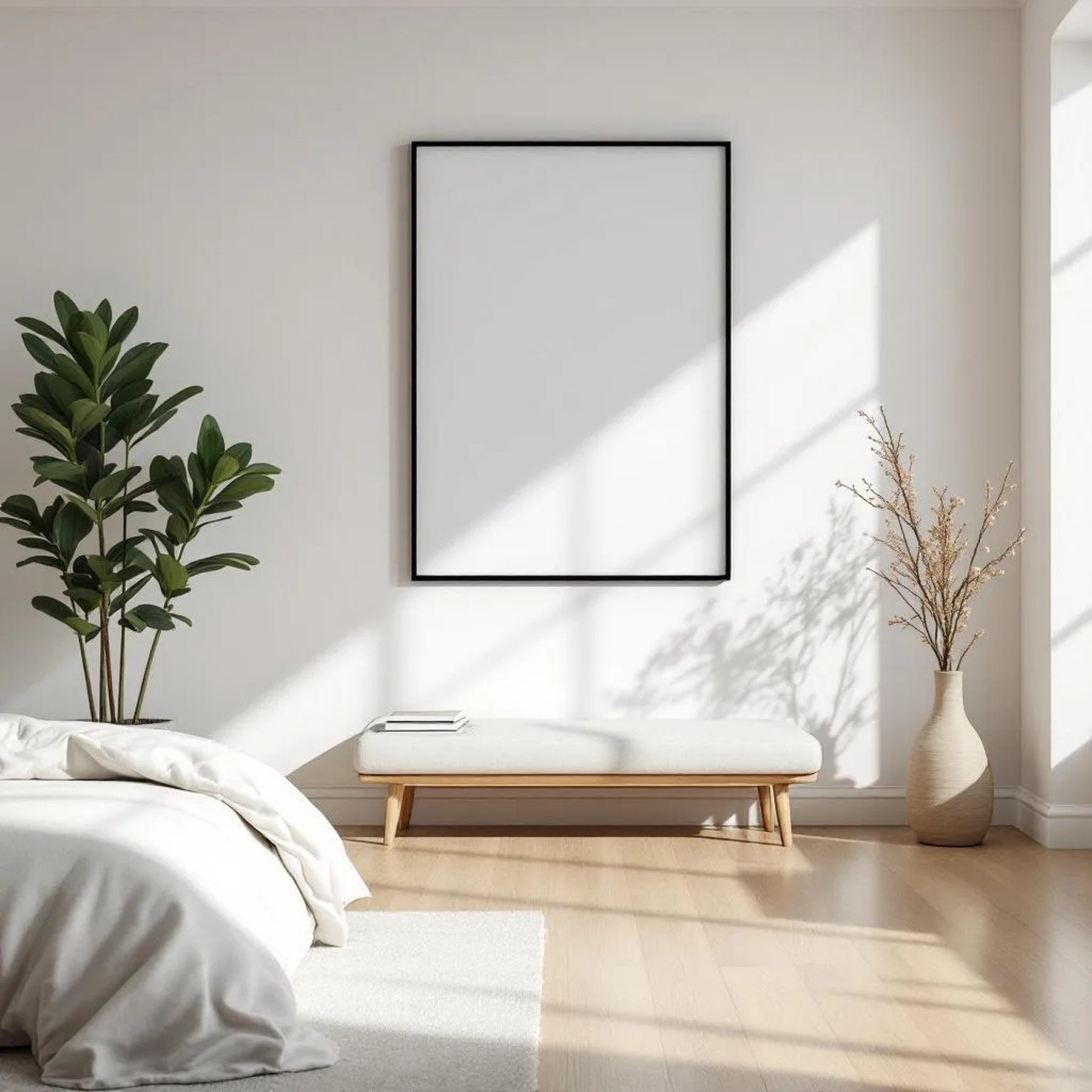 White Bedroom Editorial Room Mockup — Plain Square Frame Square 1:1 — Perspective View — #03367 | MockupBulk