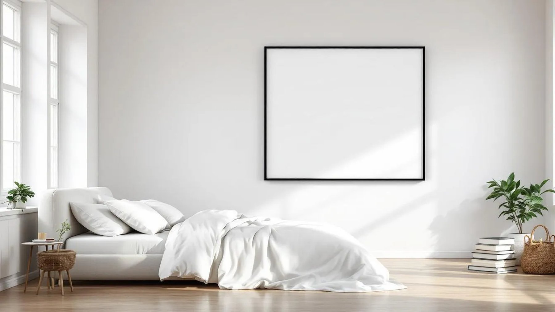 White Bedroom Frame Display Mockup — Matte Black Frame Square 1:1 — Perspective View — #03368 | MockupBulk