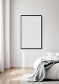 White Bedroom Editorial Room Mockup — Matte Black Frame Portrait 2:3 — Perspective View — #03369 | MockupBulk