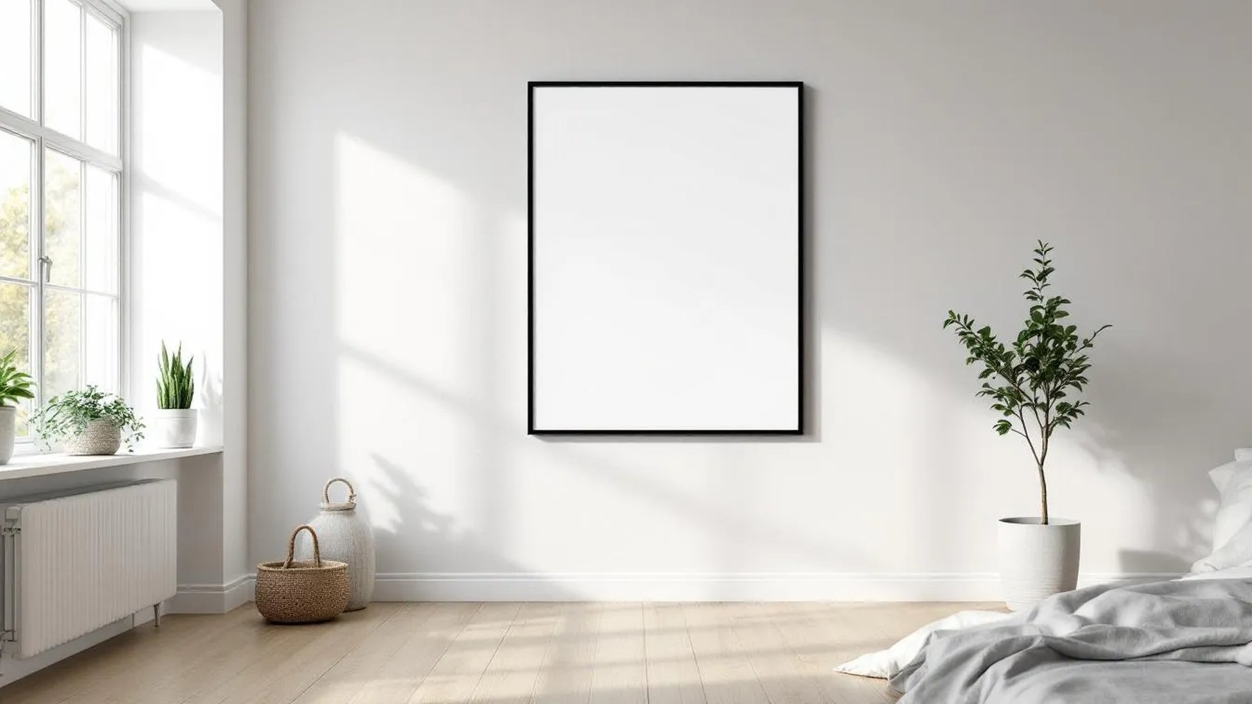 White Bedroom Interior Frame Mockup — Matte Black Frame Square 1:1 — Perspective View — #03371 | MockupBulk
