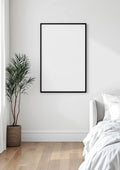 White Bedroom Room Scene Mockup — Matte Black Frame Portrait 2:3 — Perspective View — #03372 | MockupBulk