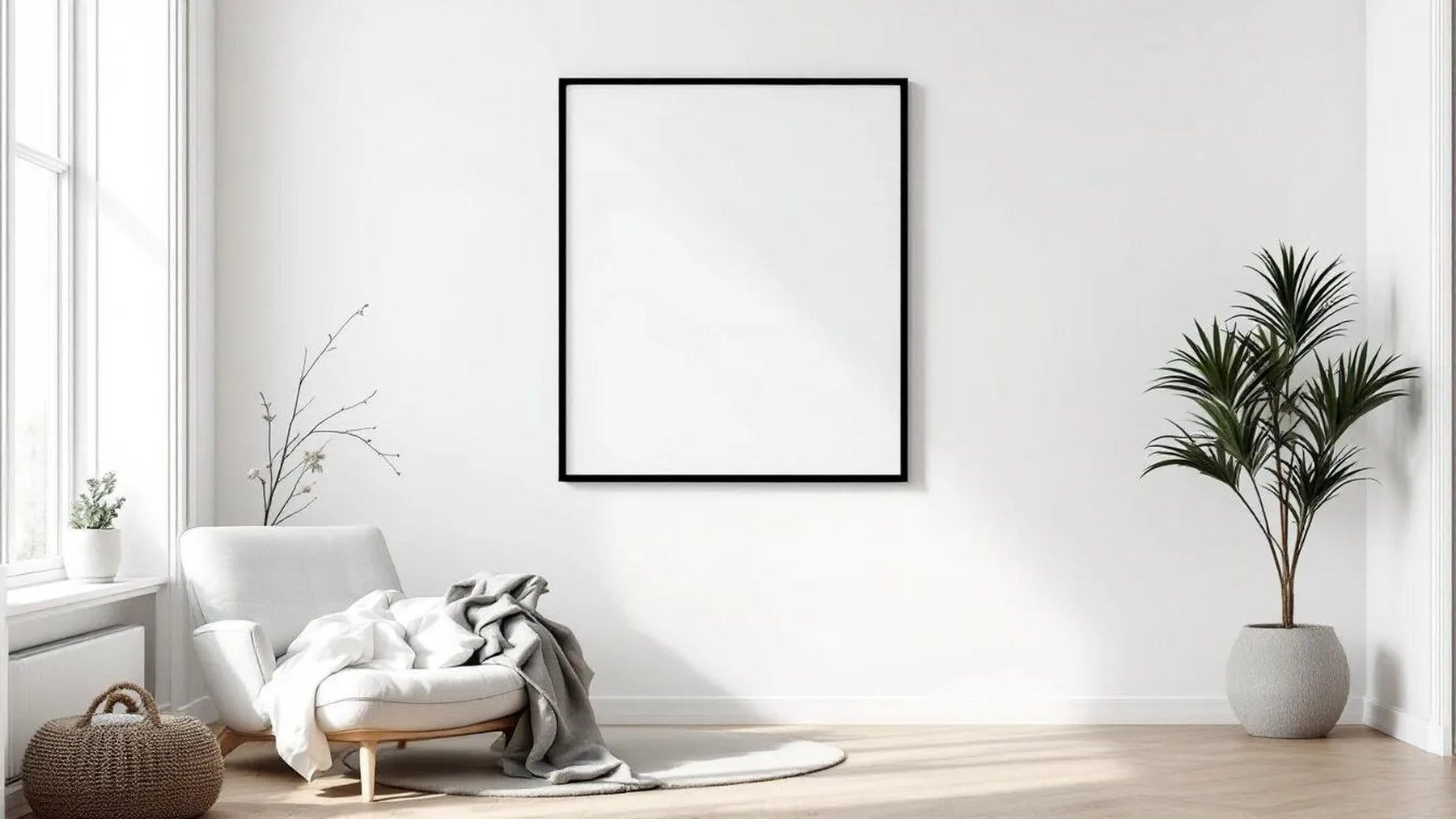 White Bedroom Editorial Room Mockup — Matte Black Frame Square 1:1 — Perspective View — #03374 | MockupBulk
