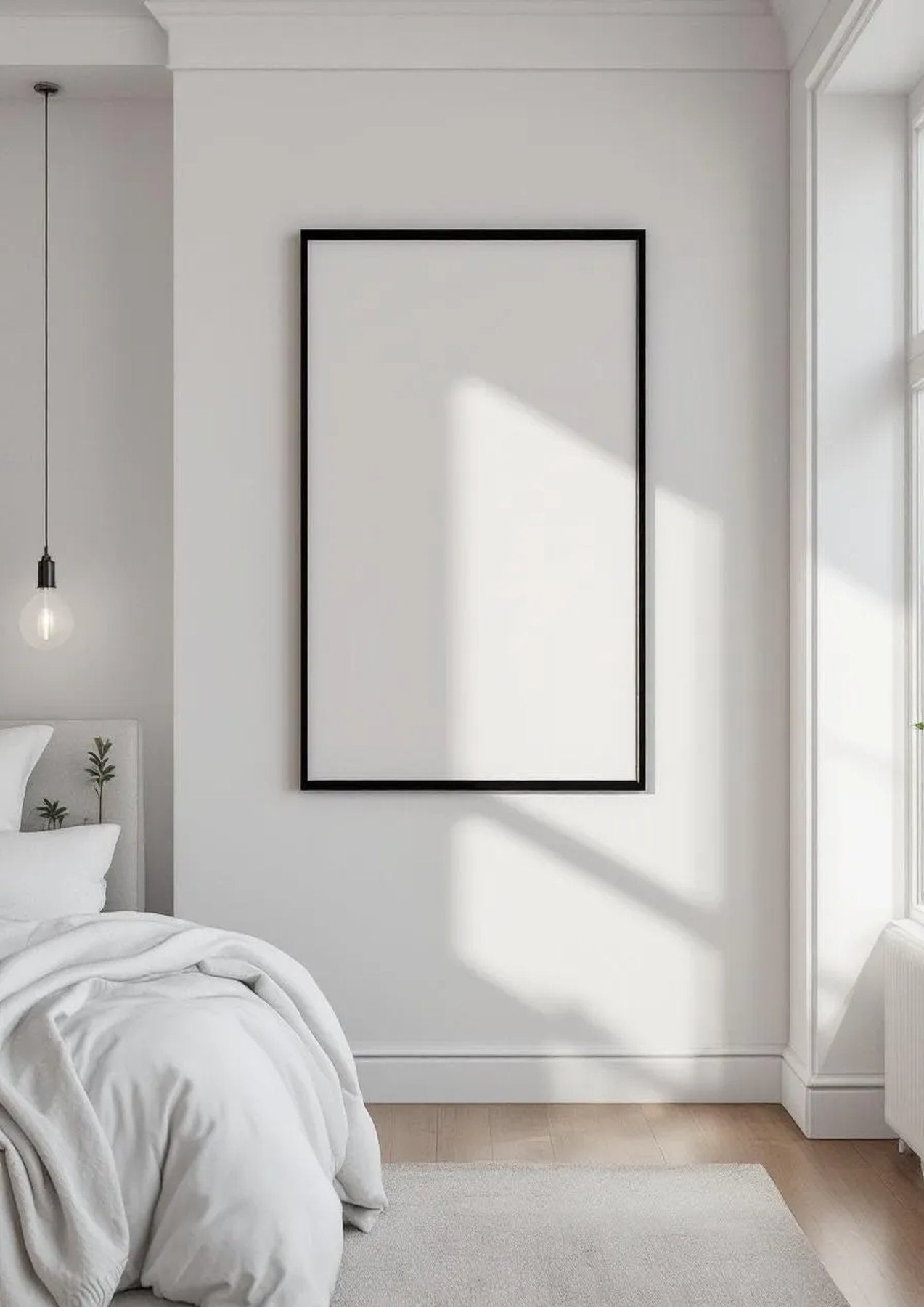 White Bedroom Premium Interior Mockup — Matte Black Frame Portrait 2:3 — Perspective View — #03375 | MockupBulk