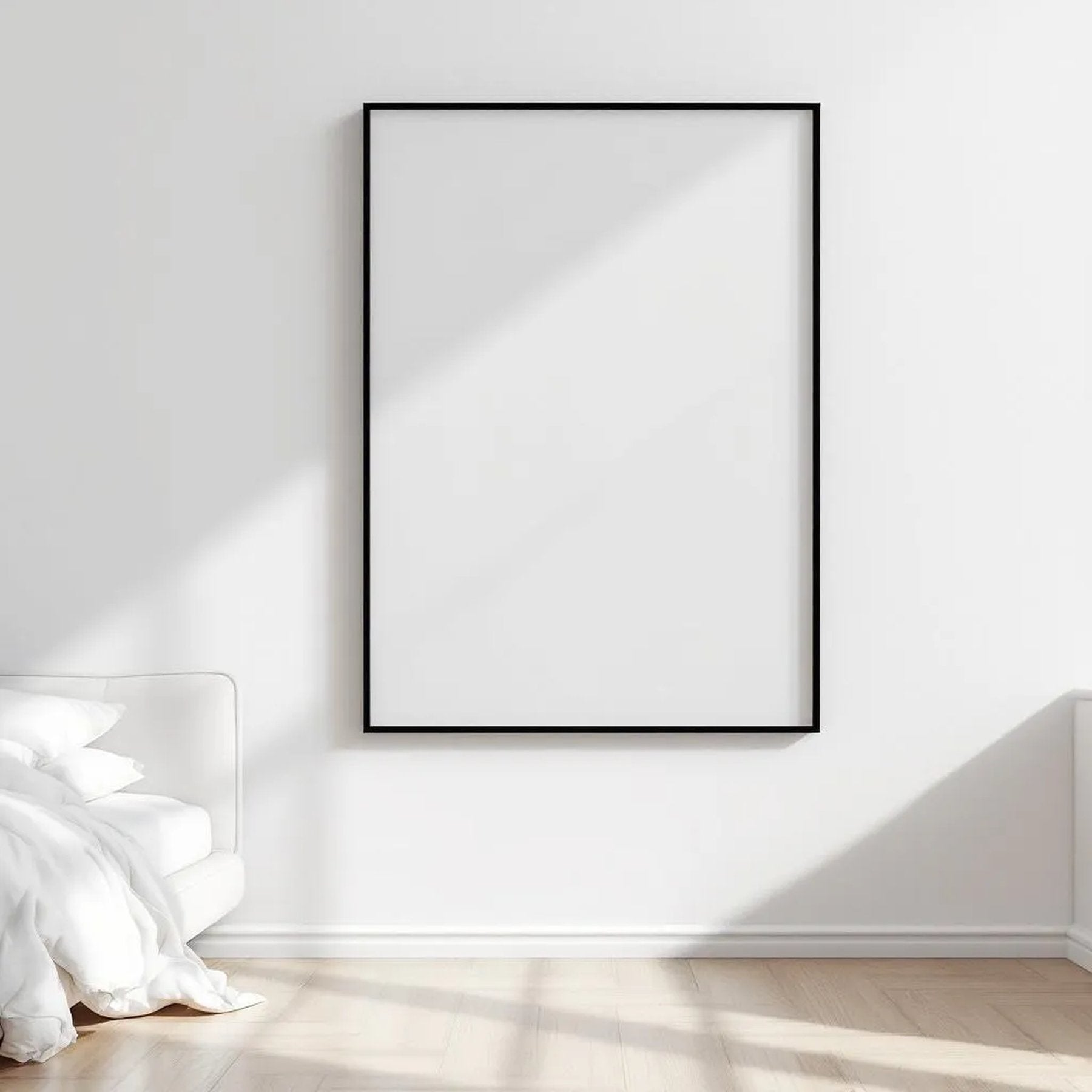 White Bedroom Frame Display Mockup — Plain Square Frame Square 1:1 — Perspective View — #03376 | MockupBulk