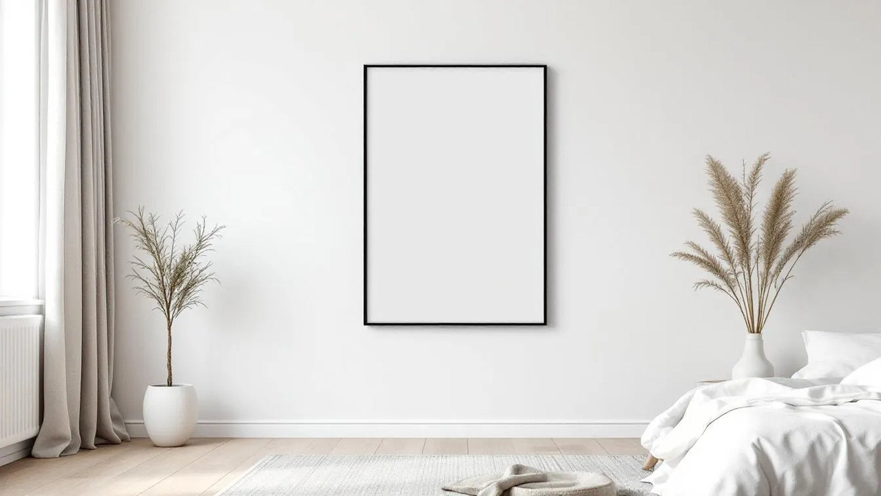 White Bedroom Room Scene Mockup — Matte Black Frame Square 1:1 — Perspective View — #03377 | MockupBulk