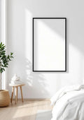 White Bedroom Wall Art Mockup — Matte Black Frame Portrait 2:3 — Perspective View — #03378 | MockupBulk