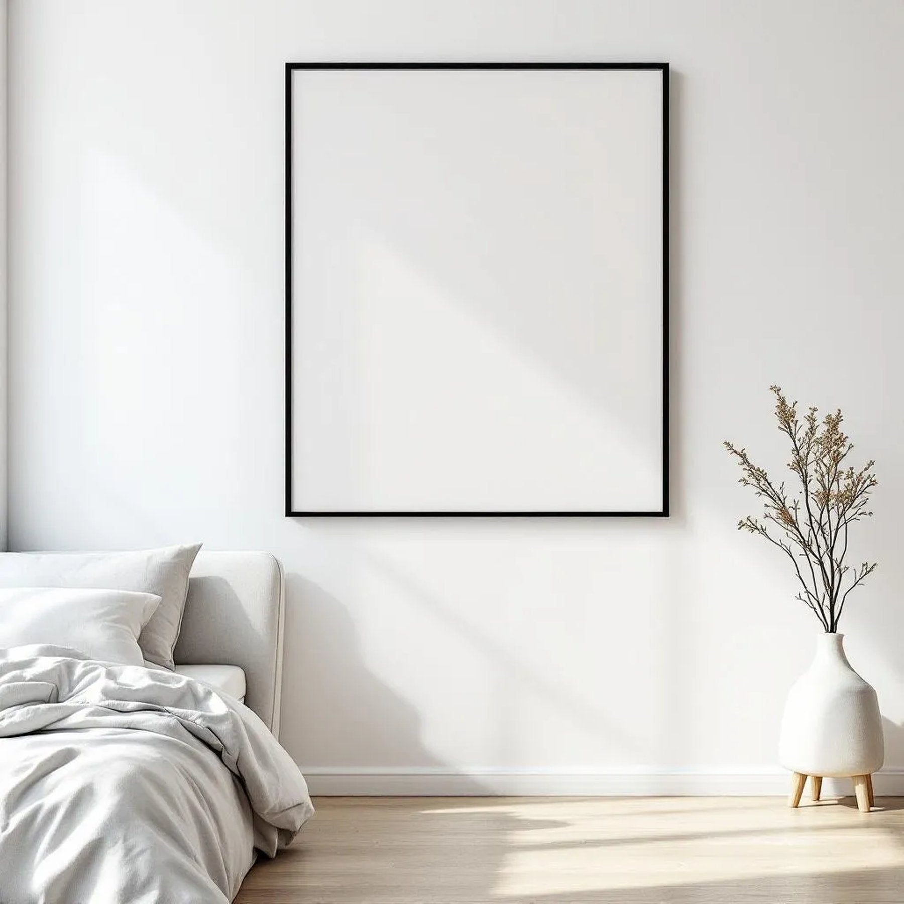 White Bedroom Lifestyle Frame Mockup — Plain Square Frame Square 1:1 — Perspective View — #03379 | MockupBulk