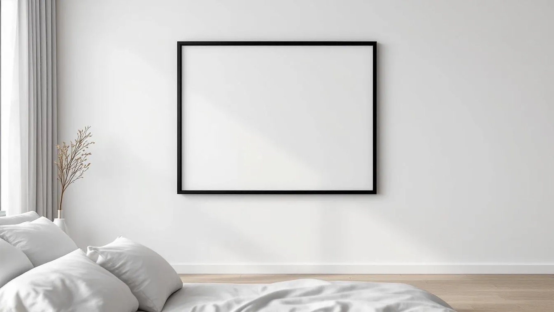 White Bedroom Room Scene Mockup — Matte Black Frame Square 1:1 — Perspective View — #03380 | MockupBulk