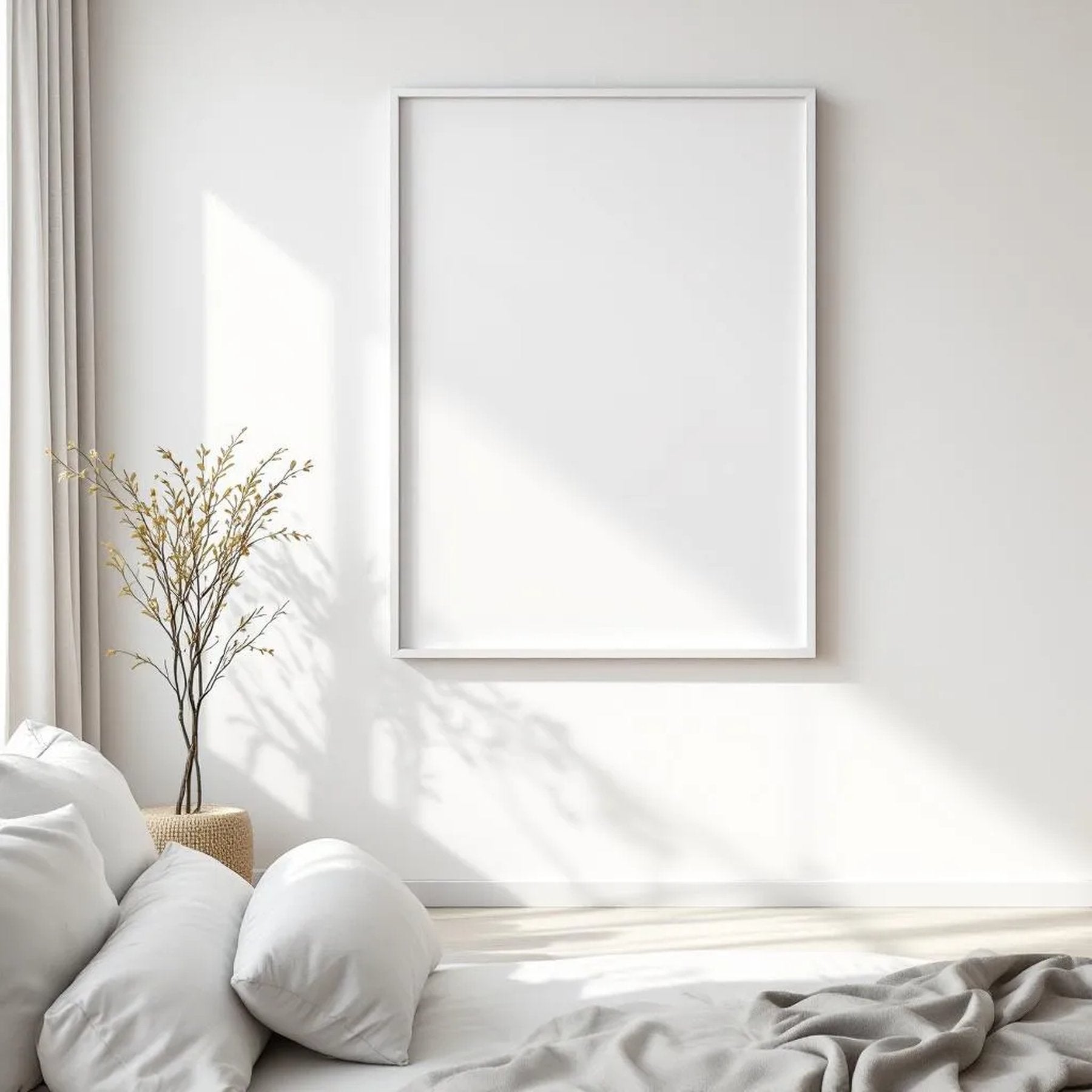 White Bedroom Professional Frame Mockup — Plain Square Frame Square 1:1 — Perspective View — #03382 | MockupBulk