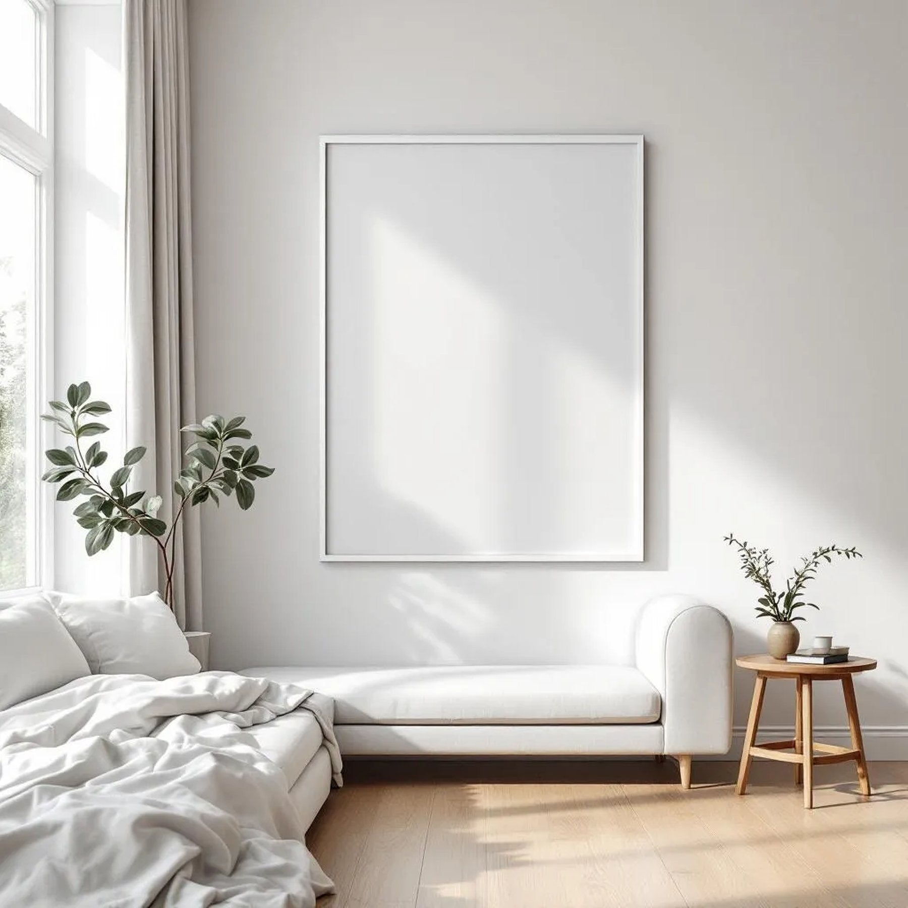 White Bedroom Premium Interior Mockup — Plain Square Frame Portrait 2:3 — Perspective View — #03385 | MockupBulk