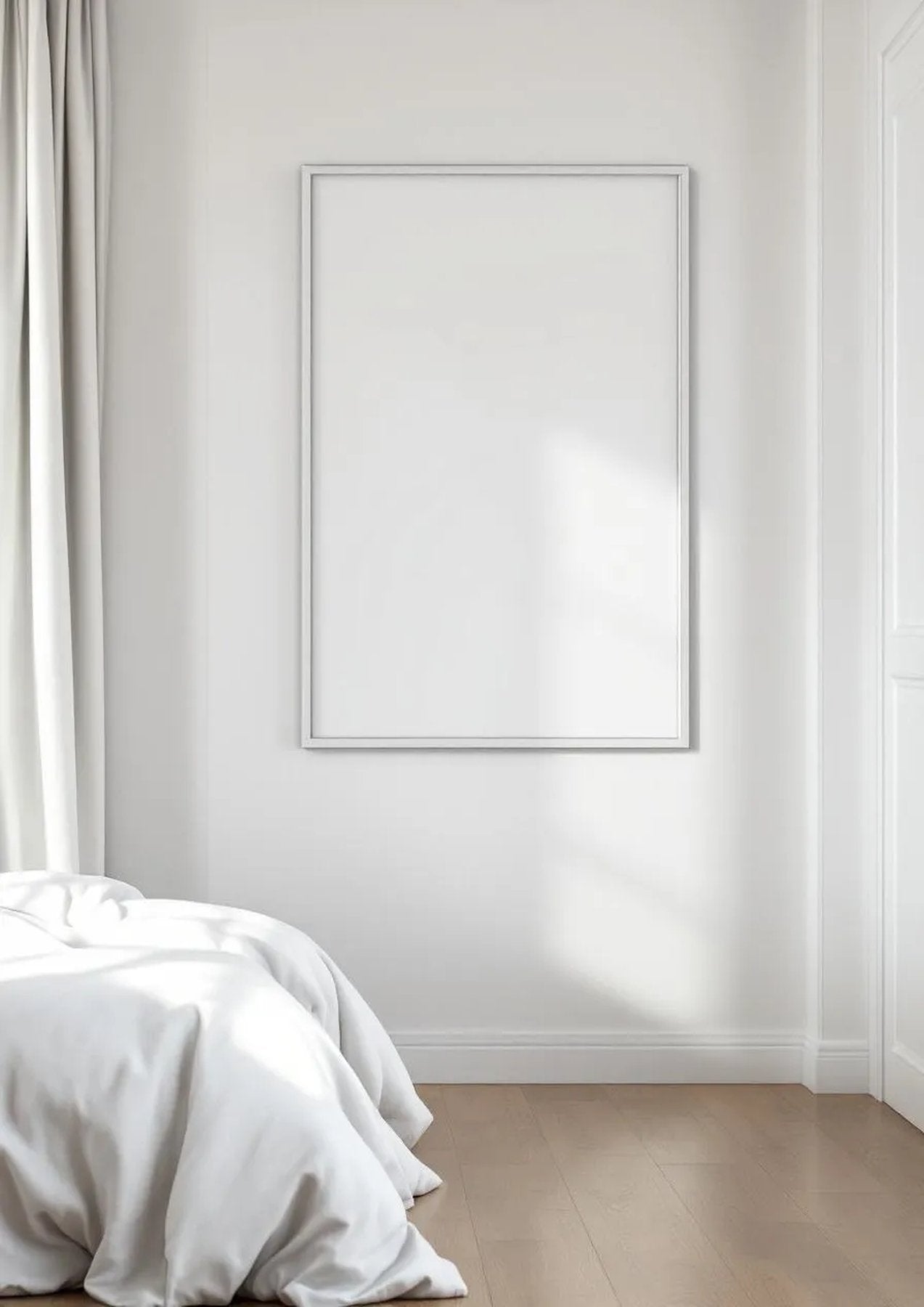 White Bedroom Interior Frame Mockup — White Frame Portrait 5:7 — Perspective View — #03387 | MockupBulk