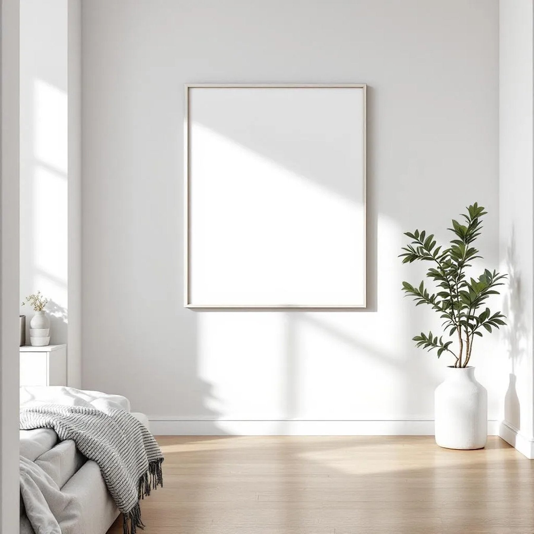 White Bedroom High-Res Frame Mockup — Plain Square Frame Portrait 2:3 — Perspective View — #03388 | MockupBulk