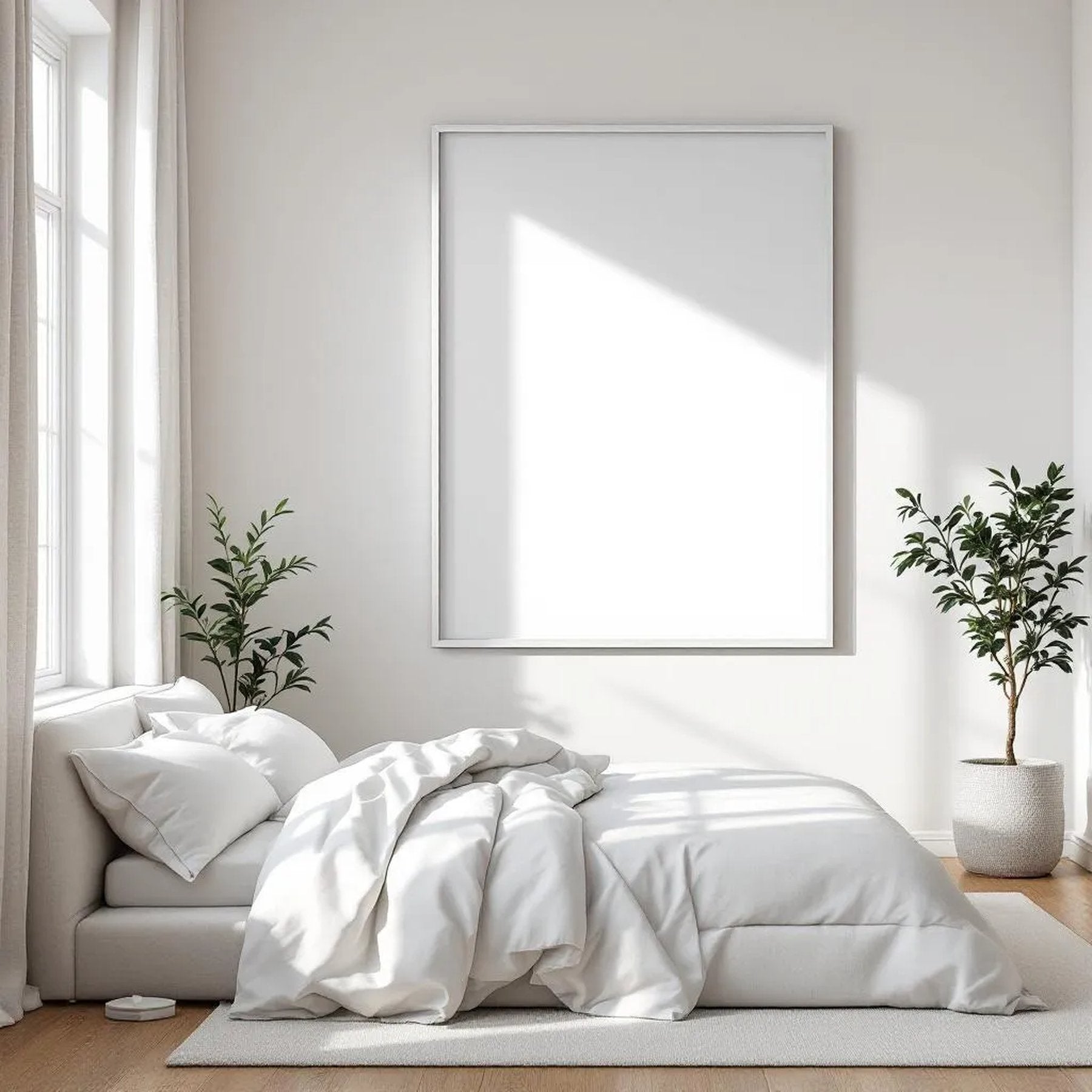 White Bedroom Lifestyle Frame Mockup — Plain Square Frame Landscape 3:4 — Perspective View — #03394 | MockupBulk