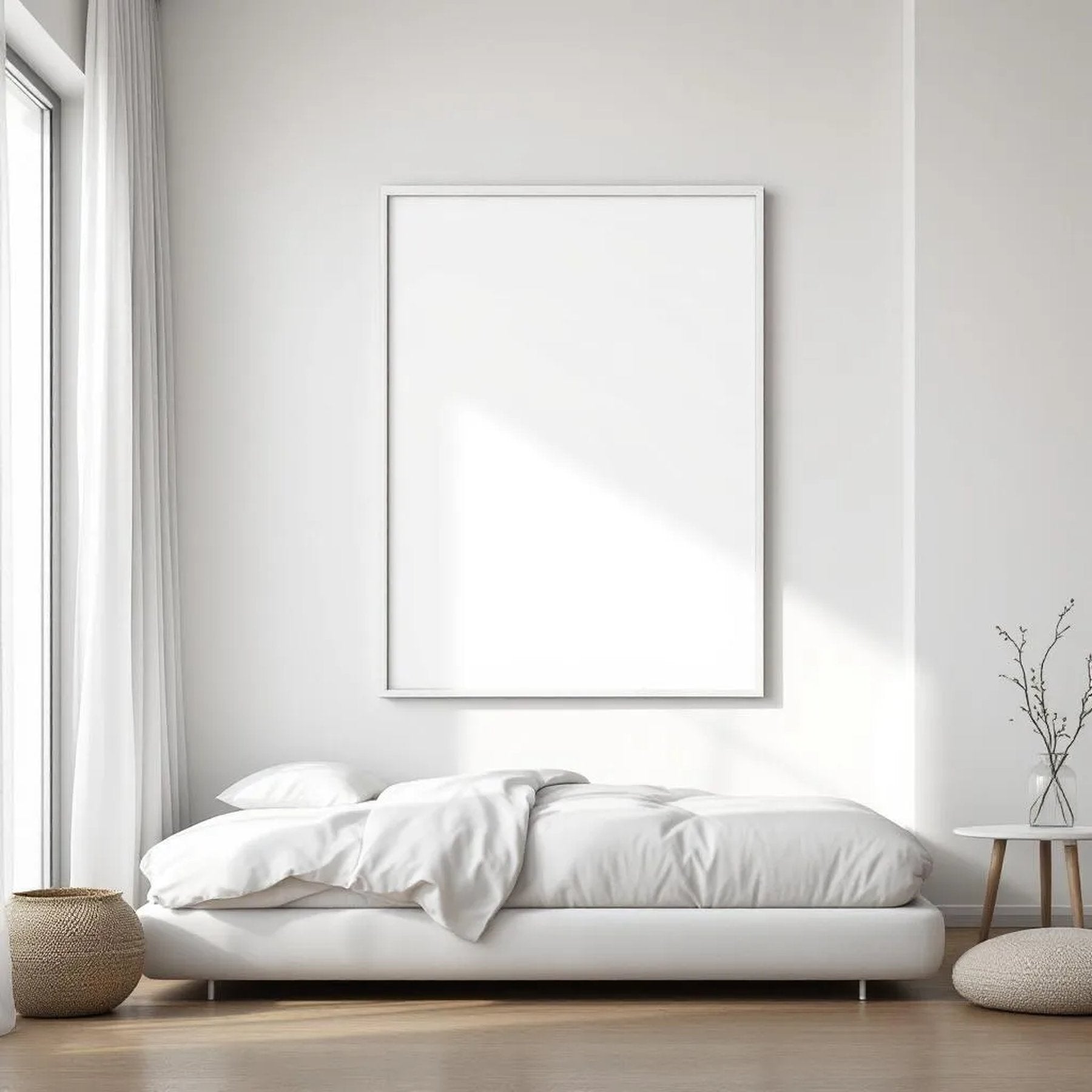 White Bedroom Room Scene Mockup — Plain Square Frame Portrait 2:3 — Perspective View — #03397 | MockupBulk