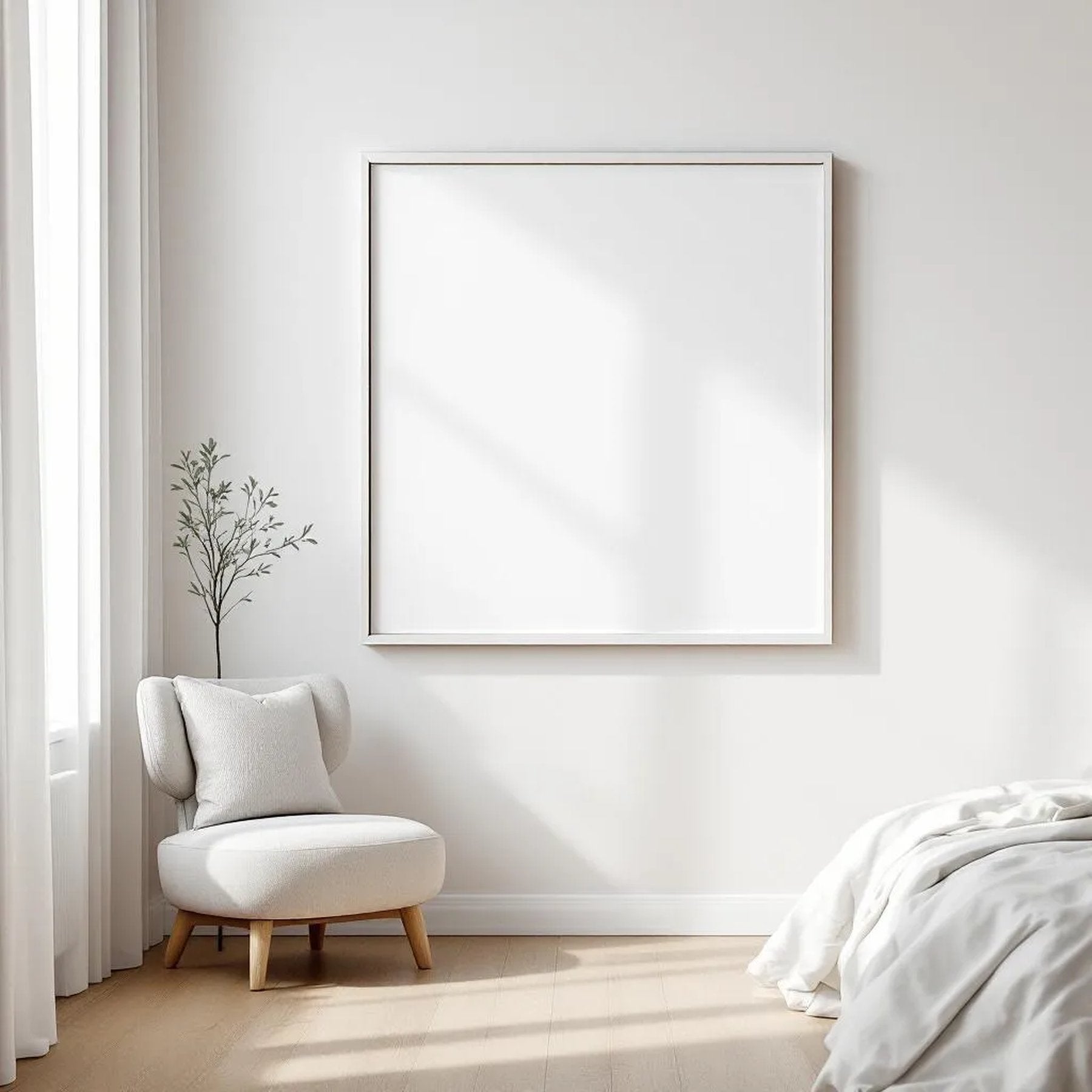 White Bedroom Professional Frame Mockup — Plain Square Frame Portrait 4:5 — Perspective View — #03400 | MockupBulk
