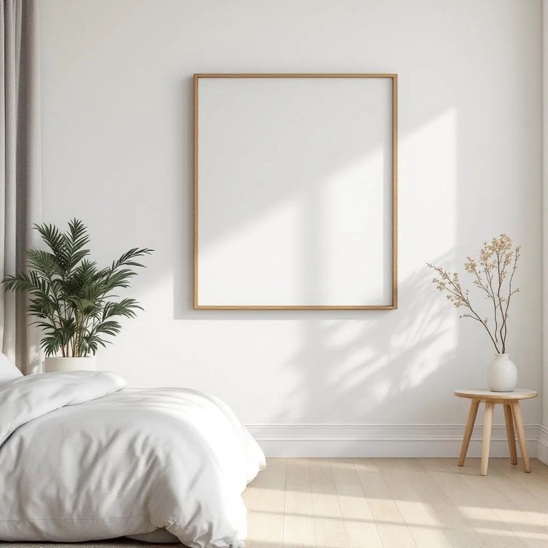 White Bedroom Professional Frame Mockup — Plain Square Frame Square 1:1 — Perspective View — #03403 | MockupBulk