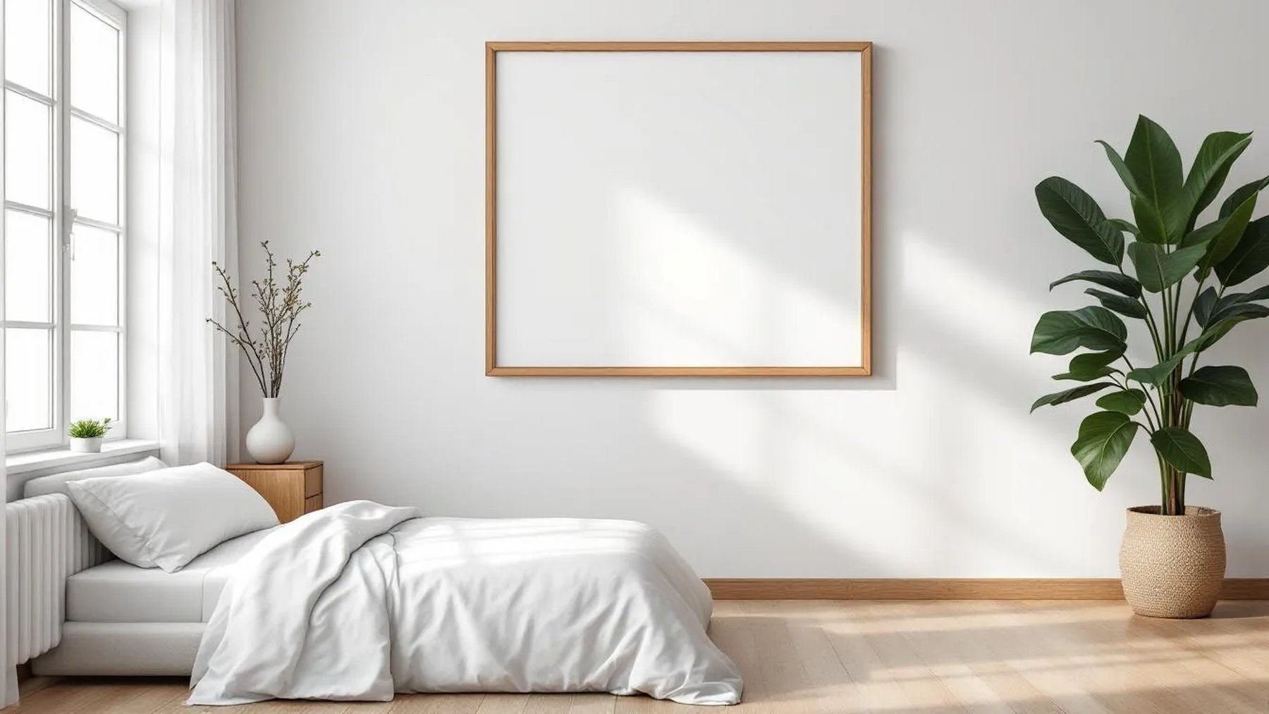 White Bedroom Premium Interior Mockup — Natural Oak Frame Square 1:1 — Perspective View — #03404 | MockupBulk