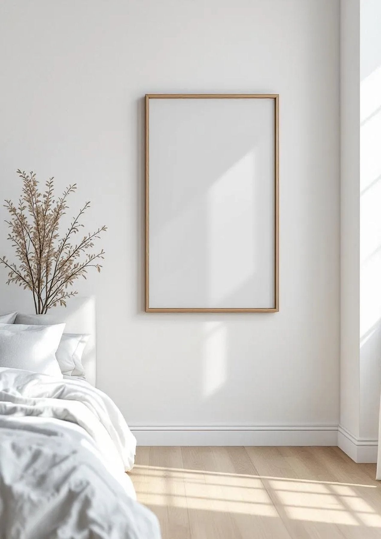 White Bedroom Professional Frame Mockup — Natural Oak Frame Portrait 2:3 — Perspective View — #03405 | MockupBulk