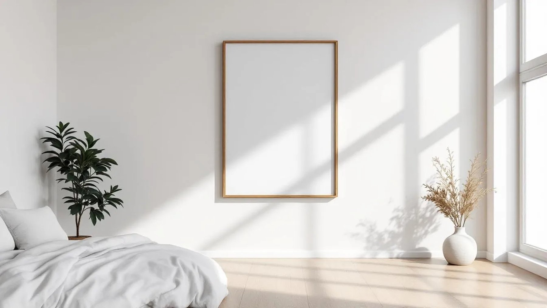 White Bedroom Premium Interior Mockup — Natural Oak Frame Square 1:1 — Perspective View — #03407 | MockupBulk
