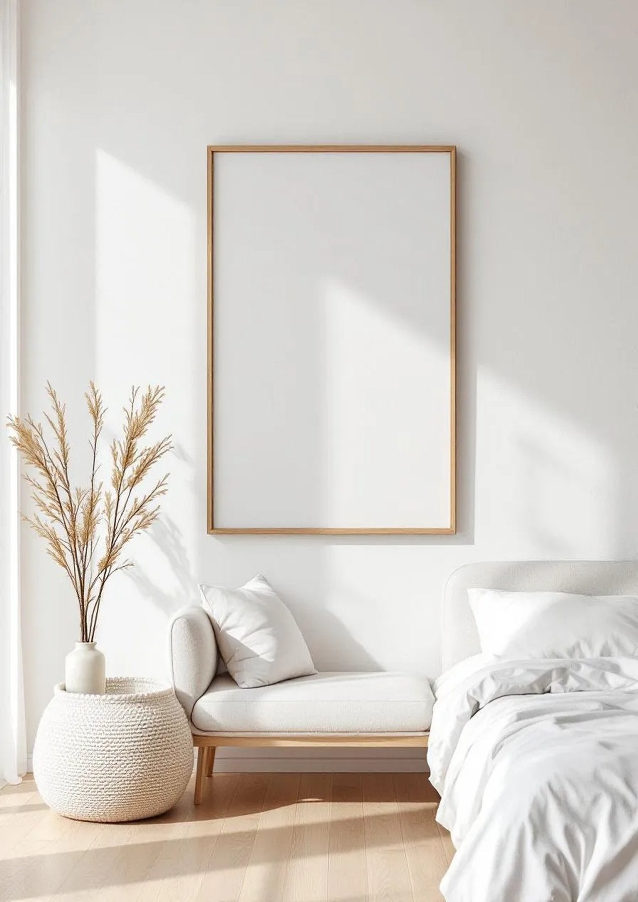 White Bedroom Professional Frame Mockup — Natural Oak Frame Portrait 2:3 — Perspective View — #03408 | MockupBulk