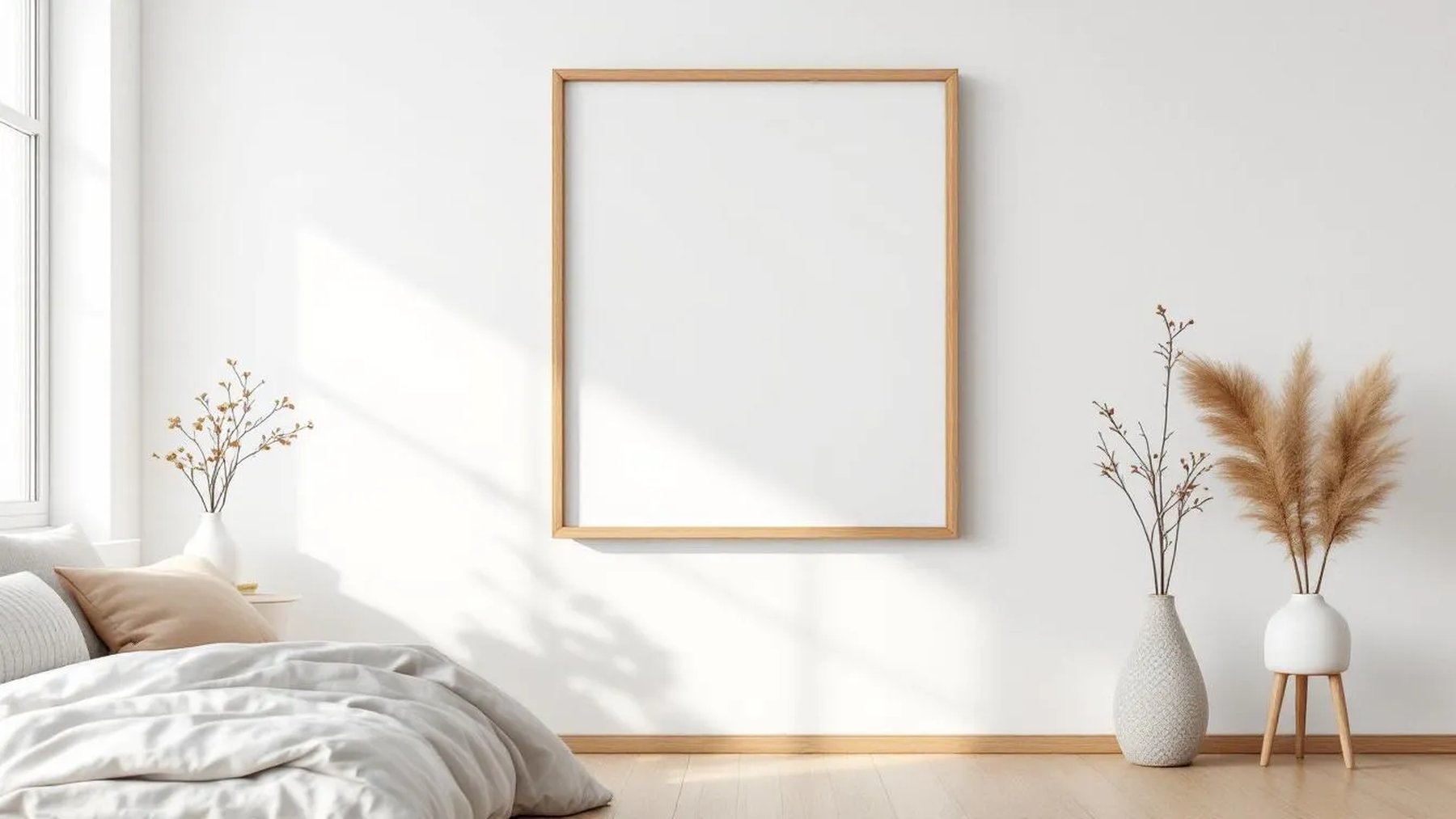 White Bedroom Premium Interior Mockup — Natural Oak Frame Square 1:1 — Perspective View — #03410 | MockupBulk